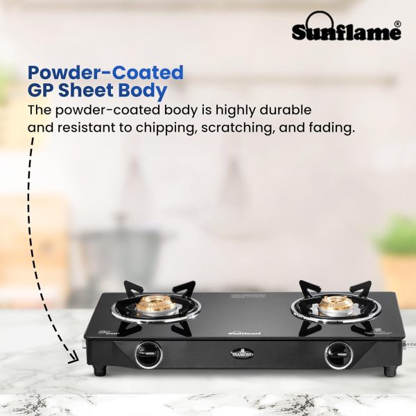 Sunflame Jumbo, 2 Burner Toughened glass top Gas Stove, Stainless steel drip tray, Durable Forged Brass Burners, Sturdy Pan Support, 5-Year Coverage on Burners & Glass, Black