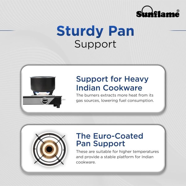 Sunflame Jumbo, 2 Burner Toughened glass top Gas Stove, Stainless steel drip tray, Durable Forged Brass Burners, Sturdy Pan Support, 5-Year Coverage on Burners & Glass, Black