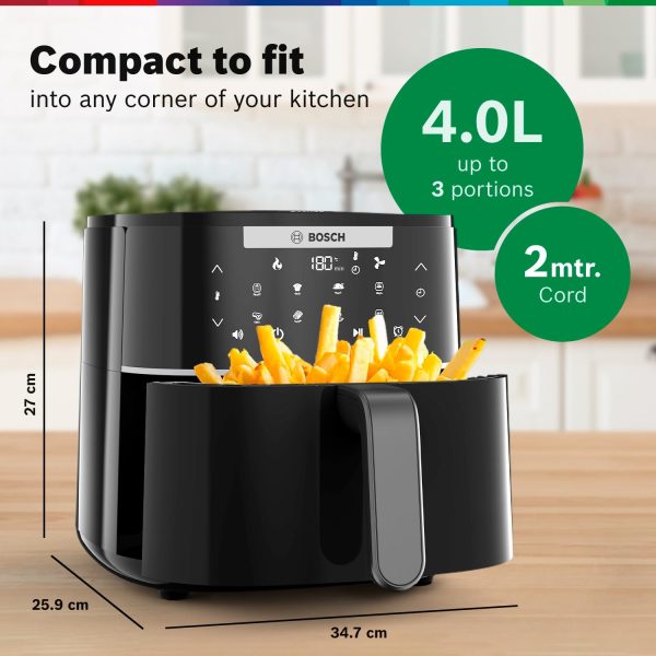 Bosch 1350 Watts Cripsmaxx Air Fryer 4L, With Touch Panel, Smart Integrated System, With Adjustable Grid With 6 Preset+ Preheat And Keep Warm Function, Black, MAF240B0IN