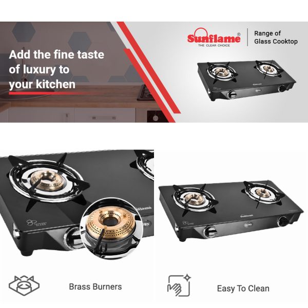 Sunflame LPG Stove GT Crown BK, 2 Brass Burner