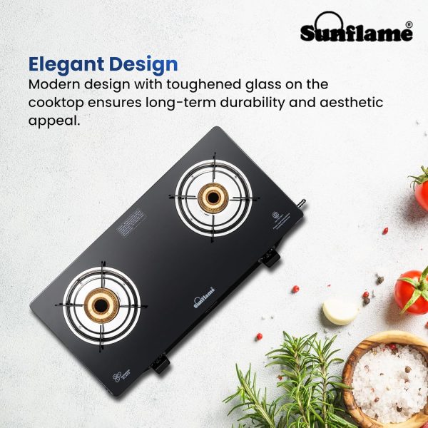 Sunflame Jumbo, 2 Burner Toughened glass top Gas Stove, Stainless steel drip tray, Durable Forged Brass Burners, Sturdy Pan Support, 5-Year Coverage on Burners & Glass, Black