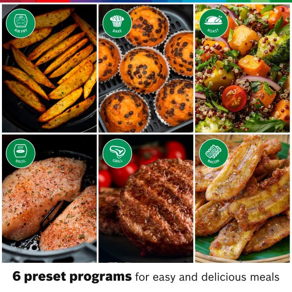 Bosch 1350 Watts Cripsmaxx Air Fryer 4L, With Touch Panel, Smart Integrated System, With Adjustable Grid With 6 Preset+ Preheat And Keep Warm Function, Black, MAF240B0IN