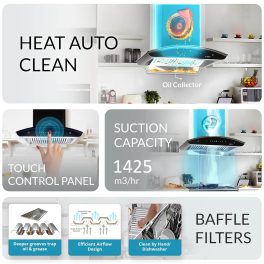 Elica GLACE HAC BF LTW 60 NERO, Auto Clean Curved Glass, 1425 CMPH BLDC Motor, Intelli-Sense 9 Speed Control, Heat Autoclean, Gesture Control, Baffle Filter, Black