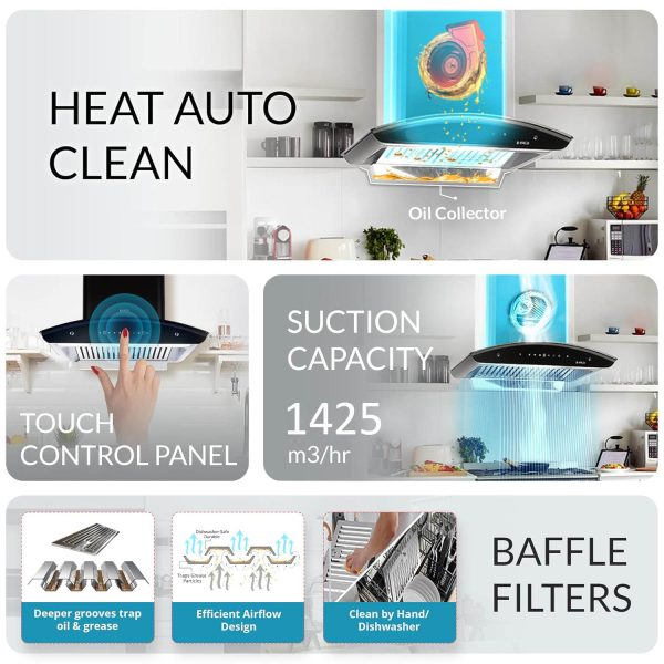 Elica GLACE HAC BF LTW 60 NERO, Auto Clean Curved Glass, 1425 CMPH BLDC Motor, Intelli-Sense 9 Speed Control, Heat Autoclean, Gesture Control, Baffle Filter, Black