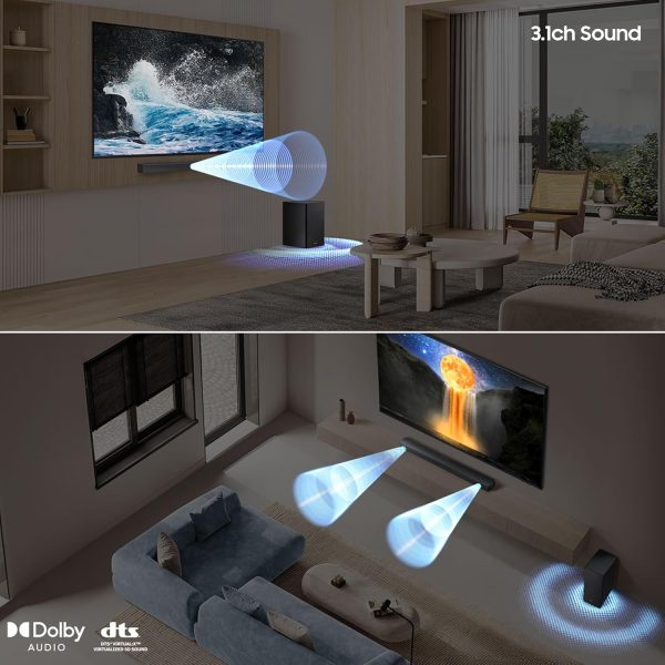 Samsung 370 W 3.1ch Soundbar with Dolby Audio, DTS Virtual X, Q-Symphony, Center Speaker, 3D Surround Sound, HDMI ARC, Optical in, Bluetooth, USB, Wireless Subwoofer, Black, HW-B650F/XL