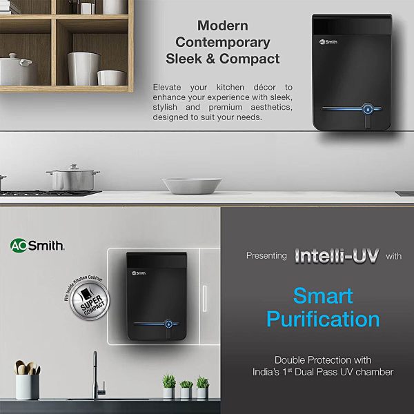 AO Smith Intelli UV+, 4.5 Litre (UV+US+SAPC) Water Purifier with 5 Stage Purification and Double Protection with 1st Dual Pass UV Chamber, Black