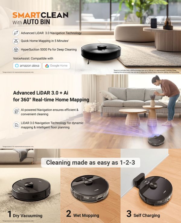Eureka Forbes Robo Vacuum Cleaner with 5 Hour Run Time, Smart App Control, Auto Bin and 65 Days of Hand Free Cleaning, Black, Smart Clean