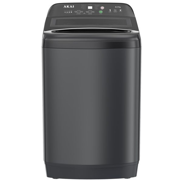 Akai 8 kg fully-Automatic top-load washing machine, 10 fabric care wash programs, Magic Filter with Waterfall and Rust Proof Body, Midnight Black, AFT-80DBHG