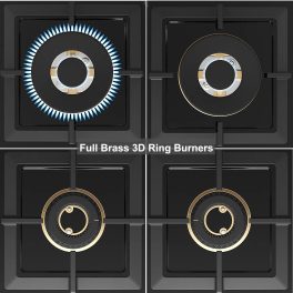 Bosch Built in Gas Hob, Tempered glass Glass 4 Burner Auto Ignition 75 cm Full Brass 3D Ring Burners with Matt Black Heat Shields-Cast Iron pan supports, Black, PNI7B6G20I
