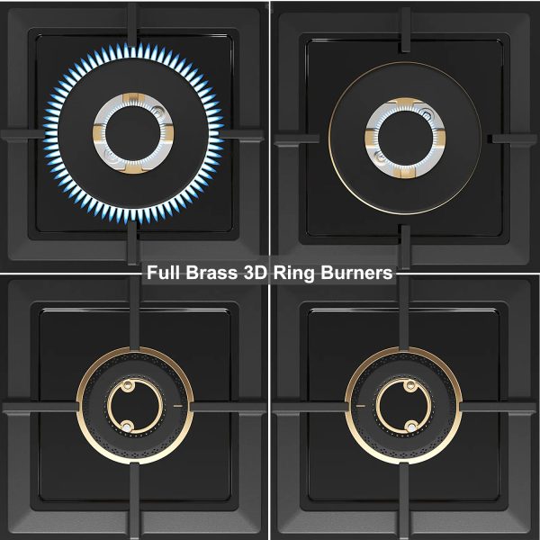 Bosch Built in Gas Hob, Tempered glass Glass 4 Burner Auto Ignition 75 cm Full Brass 3D Ring Burners with Matt Black Heat Shields-Cast Iron pan supports, Black, PNI7B6G20I