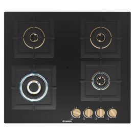 Bosch Series 4 Built in Gas Hob Black Tempered glass 4 Burner Auto Ignition 60 cm True Brass 2D Ring Burners with Matt Black Heat Shields & Cast Iron pan supports, Black, PNH6B6F20I