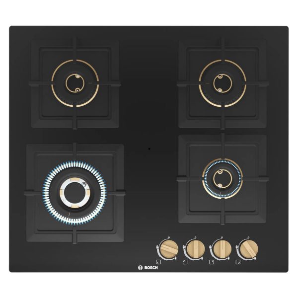Bosch Series 4 Built in Gas Hob Black Tempered glass 4 Burner Auto Ignition 60 cm True Brass 2D Ring Burners with Matt Black Heat Shields & Cast Iron pan supports, Black, PNH6B6F20I