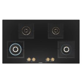 Bosch Series 4 Built in Gas Hob, Tempered glass 4 Burner Auto Ignition 90 cm True Brass 2D Ring Burners with Matt Black Heat Shields-Cast Iron pan supports, Black, PNF9B6F20I