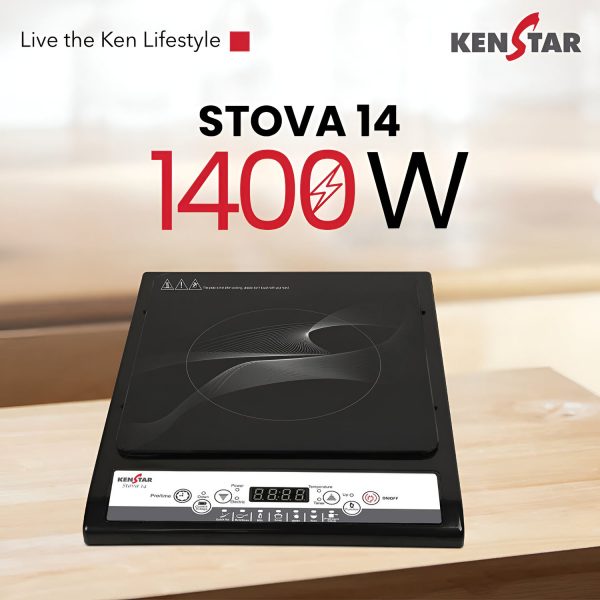 Kenstar Stova 14, 1400W, Induction Cooktop, Soft-Touch Tact Control, Automatic Voltage Regulator, Black, Kisto14kp7r0-dts