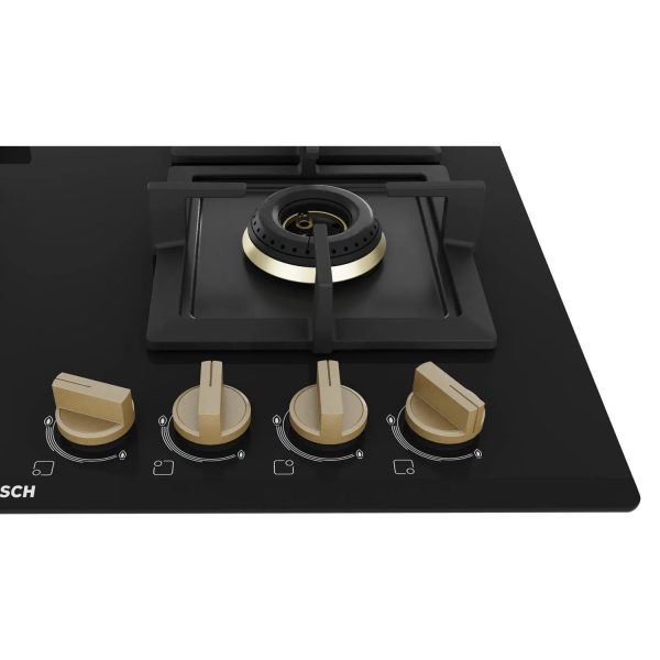 Bosch Series 4 Built in Gas Hob Black Tempered glass 4 Burner Auto Ignition 60 cm True Brass 2D Ring Burners with Matt Black Heat Shields & Cast Iron pan supports, Black, PNH6B6F20I