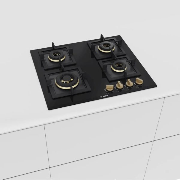 Bosch Series 4 Built in Gas Hob Black Tempered glass 4 Burner Auto Ignition 60 cm True Brass 2D Ring Burners with Matt Black Heat Shields & Cast Iron pan supports, Black, PNH6B6F20I