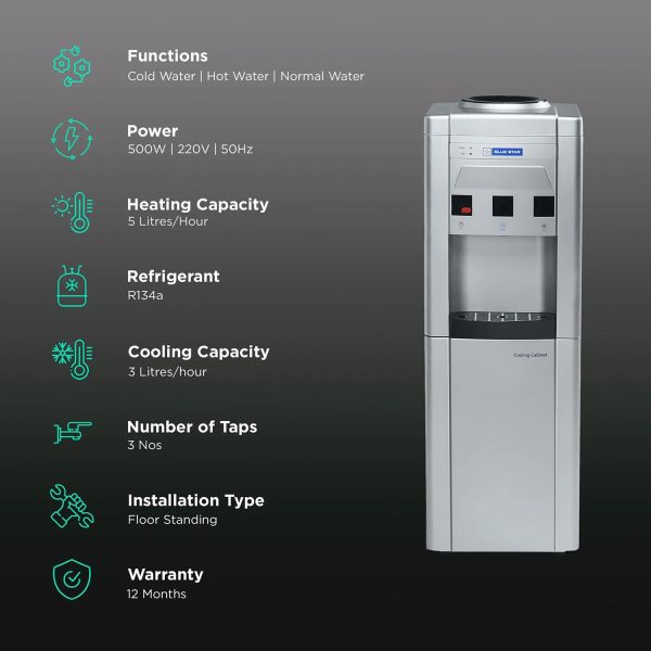 Blue Star GA Series Hot, Cold & Normal 20 Litre Cooling Cabinet Top Load Water Dispenser with Cooling Cabinet, Grey, BWD3FMRGA-G