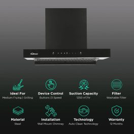 Sunflame Ductless Auto Clean Wall Mounted Chimney with Washable Filter, Black, CUPODX60BKACGC