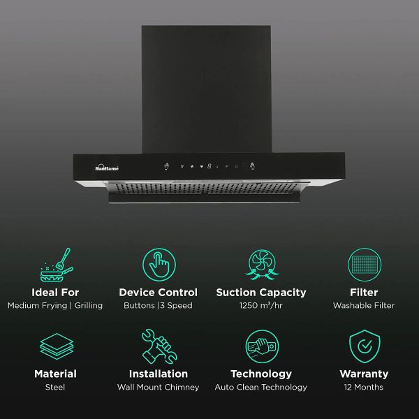 Sunflame Ductless Auto Clean Wall Mounted Chimney with Washable Filter, Black, CUPODX60BKACGC