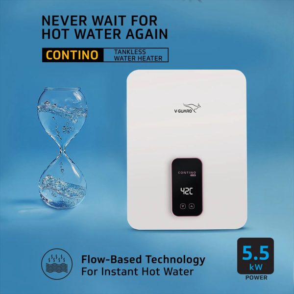 V-GUARD 5.5 kW Tankless Vertical Instant Water Heater, 8 Bar High-pressure compatibility, Digital display, White, Contino