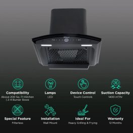 Sunflame 60cm 1400m³/hr Ductless Auto Clean Wall Mounted Chimney with Feather Touch Controls, Black, CH SERENO 60 AC GC BLDC