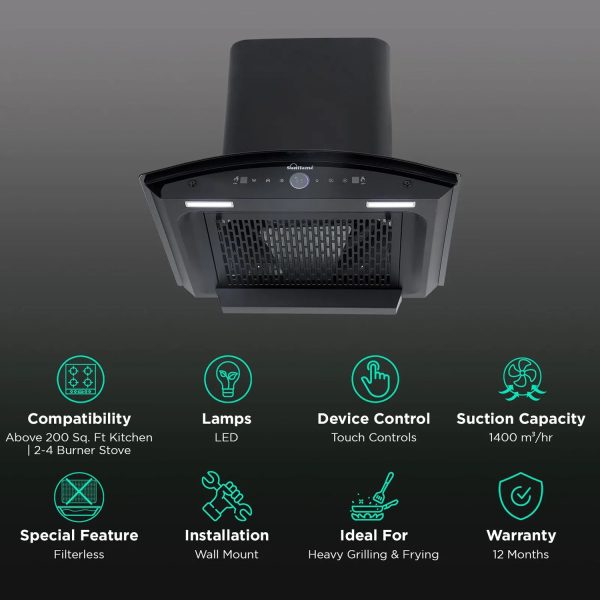 Sunflame 60cm 1400m³/hr Ductless Auto Clean Wall Mounted Chimney with Feather Touch Controls, Black, CH SERENO 60 AC GC BLDC