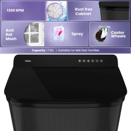 Haier 14 Kg 5 Star Semi Automatic Top Load Washing Machine with Toughened Glass and Soft Fall Technology, Anti Bacterial Vortex Pulsator, Magic Filter, Anti Rat Mesh, Castors, Black, HTW140-178BK
