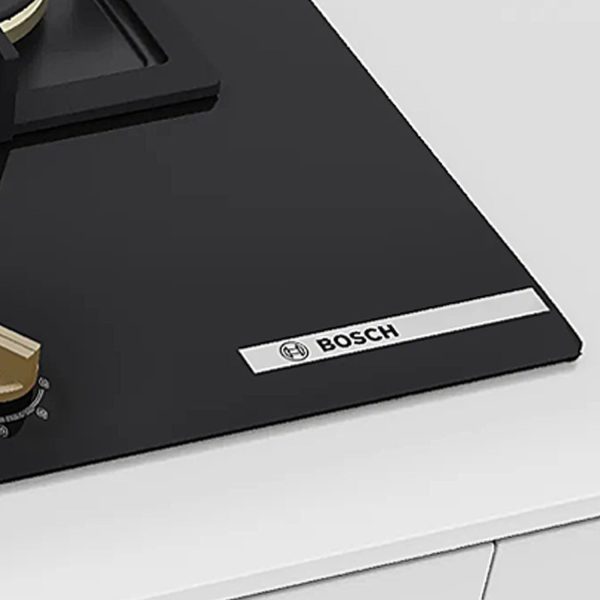 Bosch Built in Gas Hob, Tempered glass Glass 4 Burner Auto Ignition 75 cm Full Brass 3D Ring Burners with Matt Black Heat Shields-Cast Iron pan supports, Black, PNI7B6G20I