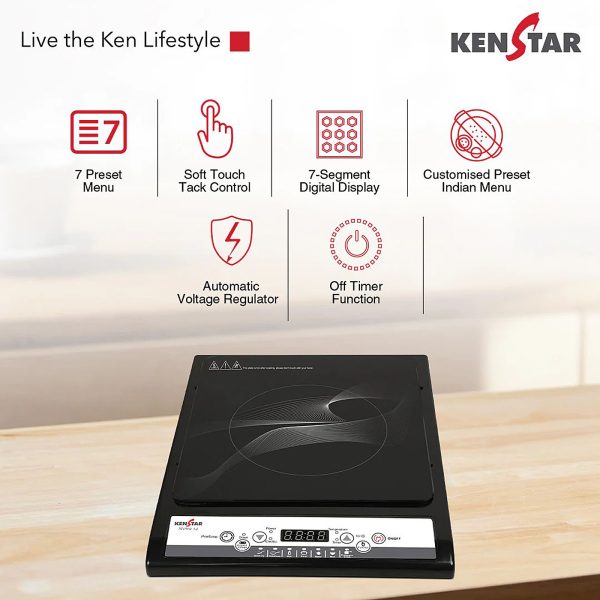 Kenstar Stova 14, 1400W, Induction Cooktop, Soft-Touch Tact Control, Automatic Voltage Regulator, Black, Kisto14kp7r0-dts
