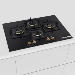 Bosch Built in Gas Hob, Tempered glass Glass 4 Burner Auto Ignition 75 cm Full Brass 3D Ring Burners with Matt Black Heat Shields-Cast Iron pan supports, Black, PNI7B6G20I