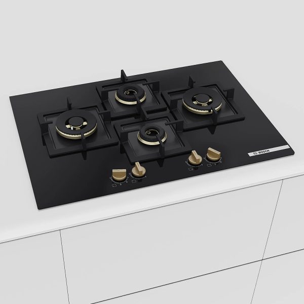 Bosch Built in Gas Hob, Tempered glass Glass 4 Burner Auto Ignition 75 cm Full Brass 3D Ring Burners with Matt Black Heat Shields-Cast Iron pan supports, Black, PNI7B6G20I