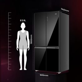 Haier 630L Lumiere French 4 Door Side by Side Frost Free Refrigerator, Convertible Magic Zone, Wi-Fi, Inverter, Colourful Display Panel, Motion Sensor, My zone, Sun Lit Interior, Black Glass, HRB-700KGU1