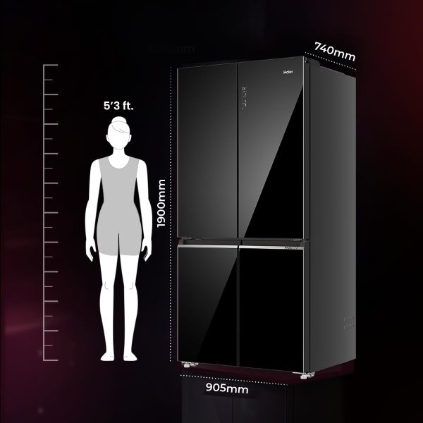 Haier 630L Lumiere French 4 Door Side by Side Frost Free Refrigerator, Convertible Magic Zone, Wi-Fi, Inverter, Colourful Display Panel, Motion Sensor, My zone, Sun Lit Interior, Black Glass, HRB-700KGU1