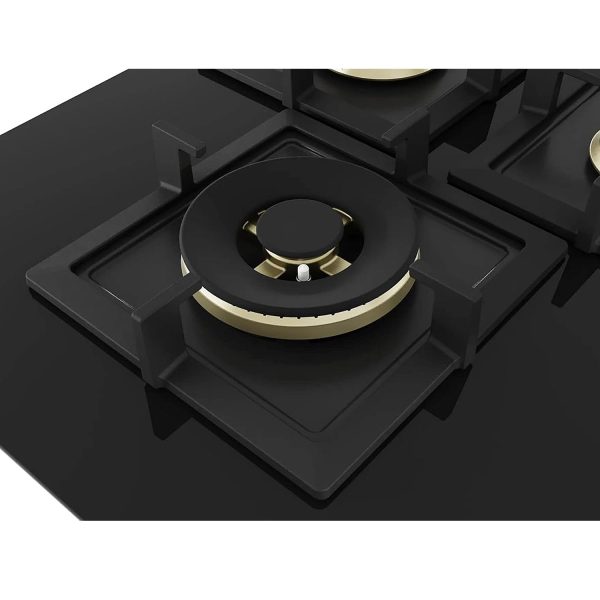 Bosch Built in Gas Hob, Tempered glass Glass 4 Burner Auto Ignition 75 cm Full Brass 3D Ring Burners with Matt Black Heat Shields-Cast Iron pan supports, Black, PNI7B6G20I