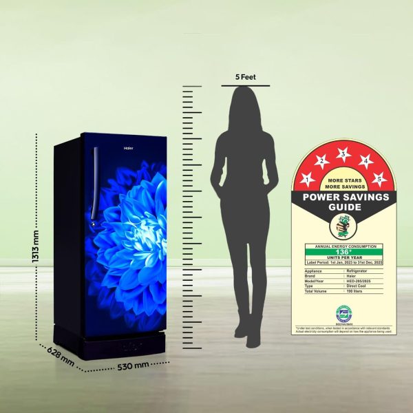 Haier 190L 5 Star Direct Cool Single Door Refrigerator With Base Drawer, 3 Toughened Glass Shelves, Fast Ice Making in Just 60 minutes, Large Veg Box, Easy Clean Back, Marine Dahelia, HRD-2105PMD-P