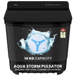 Haier 14 Kg 5 Star Semi Automatic Top Load Washing Machine with Toughened Glass and Soft Fall Technology, Anti Bacterial Vortex Pulsator, Magic Filter, Anti Rat Mesh, Castors, Black, HTW140-178BK