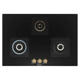 Bosch Series 6 Built in Gas Hob Black Tempered glass 3 Burner Auto Ignition, 75 cm True Brass 2D Ring Burners with Matt Black Heat Shields-Cast Iron pan supports, Black, PND7B6F20I