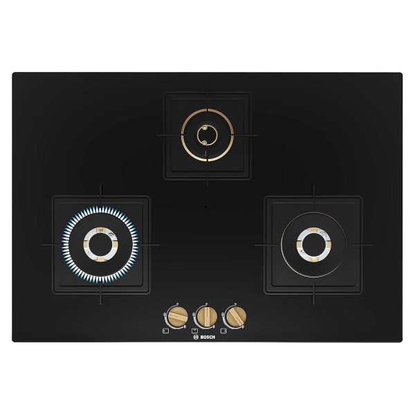Bosch Series 6 Built in Gas Hob Black Tempered glass 3 Burner Auto Ignition, 75 cm True Brass 2D Ring Burners with Matt Black Heat Shields-Cast Iron pan supports, Black, PND7B6F20I