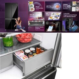 Haier 630L Lumiere French 4 Door Side by Side Frost Free Refrigerator, Convertible Magic Zone, Wi-Fi, Inverter, Colourful Display Panel, Motion Sensor, My zone, Sun Lit Interior, Black Glass, HRB-700KGU1