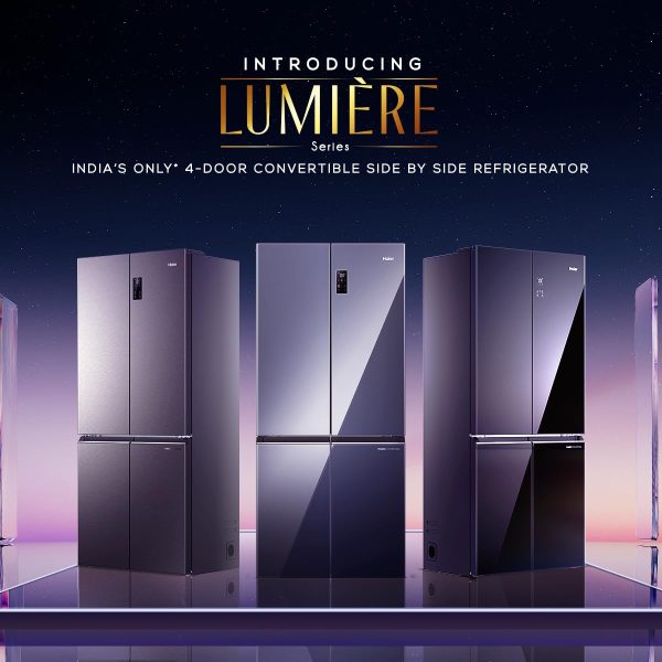 Haier 630L Lumiere French 4 Door Side by Side Frost Free Refrigerator, Convertible Magic Zone, Wi-Fi, Inverter, Colourful Display Panel, Motion Sensor, My zone, Sun Lit Interior, Black Glass, HRB-700KGU1
