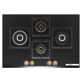 Bosch Built in Gas Hob, Tempered glass Glass 4 Burner Auto Ignition 75 cm Full Brass 3D Ring Burners with Matt Black Heat Shields-Cast Iron pan supports, Black, PNI7B6G20I