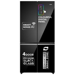 Haier 630L Lumiere French 4 Door Side by Side Frost Free Refrigerator, Convertible Magic Zone, Wi-Fi, Inverter, Colourful Display Panel, Motion Sensor, My zone, Sun Lit Interior, Black Glass, HRB-700KGU1