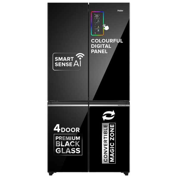 Haier 630L Lumiere French 4 Door Side by Side Frost Free Refrigerator, Convertible Magic Zone, Wi-Fi, Inverter, Colourful Display Panel, Motion Sensor, My zone, Sun Lit Interior, Black Glass, HRB-700KGU1