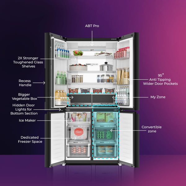 Haier 630L Lumiere French 4 Door Side by Side Frost Free Refrigerator, Convertible Magic Zone, Wi-Fi, Inverter, Colourful Display Panel, Motion Sensor, My zone, Sun Lit Interior, Black Glass, HRB-700KGU1