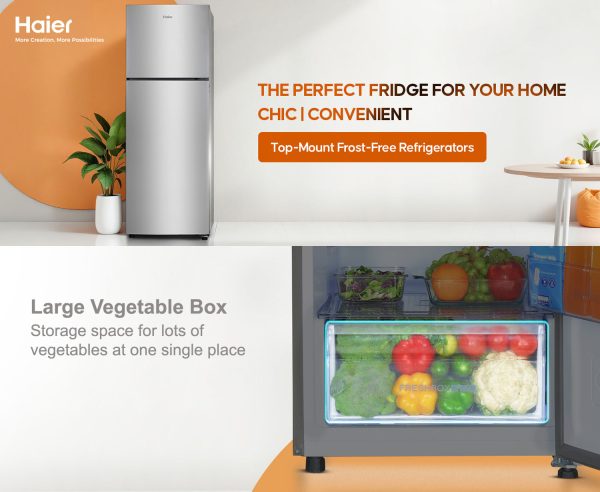 Haier 240L 2 Star Frost Free Top Mount Double Door Refrigerator, Cool Pad, 200% Faster Ice Making in 49 Minutes, Twin Energy Saving Modes, Moon Silver, HRF-2902EMS-P