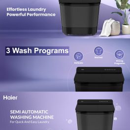 Haier 14 Kg 5 Star Semi Automatic Top Load Washing Machine with Toughened Glass and Soft Fall Technology, Anti Bacterial Vortex Pulsator, Magic Filter, Anti Rat Mesh, Castors, Black, HTW140-178BK