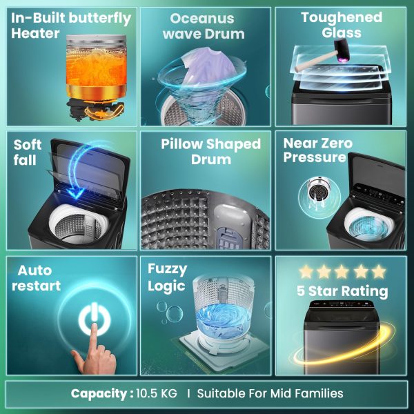 Haier Smart Choice 10.5 kg 5 Star Inbuilt Butterfly heater, Oceanus Wave Drum Washing Machine Fully Automatic Top Load, Black, HWM105-H688BK