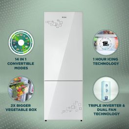 Haier 237L 2 Star Frost Free Bottom Mount Refrigerator Premium 8 In 1 Convertible Modes Bottom Freezer 200% Faster Ice Making in 49 Minutes, Mirror Glass, HRB-2872PMG-P
