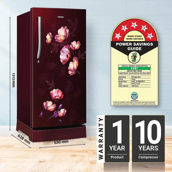 Haier 190 Litre 5 Star Single Door With Base Drawer Refrigerator, One Hour Icing Technology and Stabilizer Free Operation, Red Ivy, HRD-2105EPRI-P
