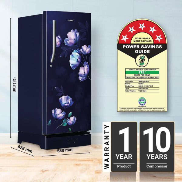 Haier 190 Litre 5 Star Single Door With Base Drawer Refrigerator, One Hour Icing Technology and Stabilizer Free Operation, Mirine Ivy, HRD-2105EPMI-P